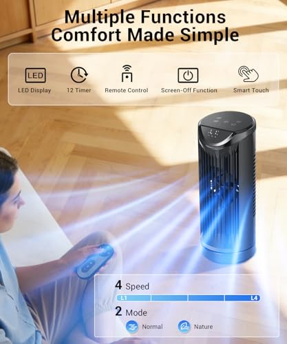 Personal Tower Fan for Bedroom - Black Portable Desk Table Fan with Remote