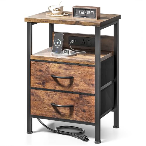 Lazzanto Rustic Brown Nightstand with Charging Station, 2 Drawers