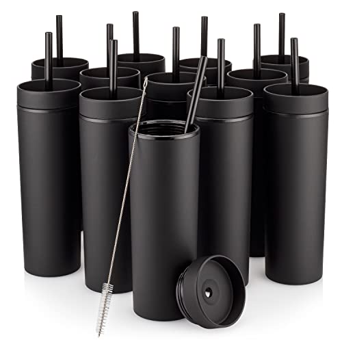 STRATA CUPS 16oz Black Skinny Tumbler Set of 12 with Lids & Straws – Double Wall, Matte Finish