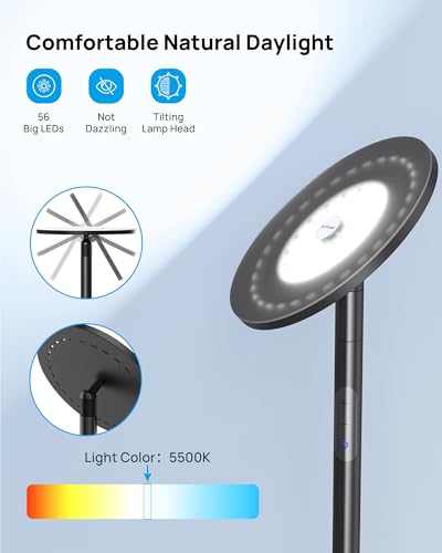TROND Daylight Black LED Floor Lamp 71" Modern Torchiere with Dimmable Brightness