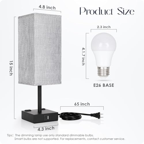 Gray Bedside Table Lamps Set of 2 with USB C+A Charging Ports & Dimmable Touch Control