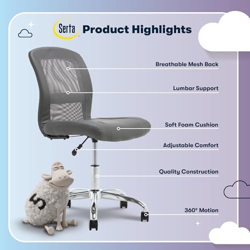 Grey Serta Armless Small Home Desk Chair with Wheels, Mesh Back Ergonomic