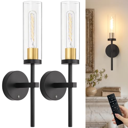 Rechargeable Wall Sconce Set of 2 Black & Gold with Clear Glass Shade - Remote Control, 5200mAh Battery, 3 Color Temperatures, No Hardwiring