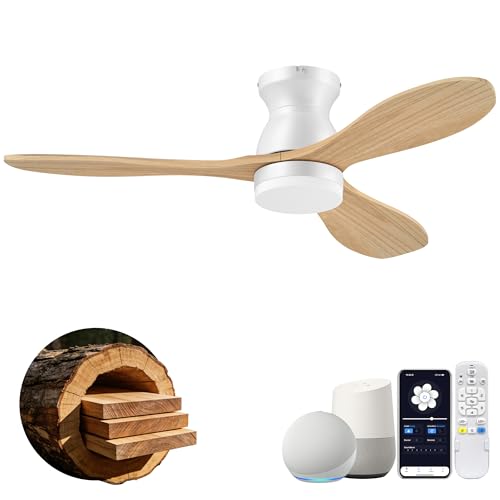 42-Inch Wood Flush Mount Ceiling Fan with Lights Remote Control - White & Light Wood