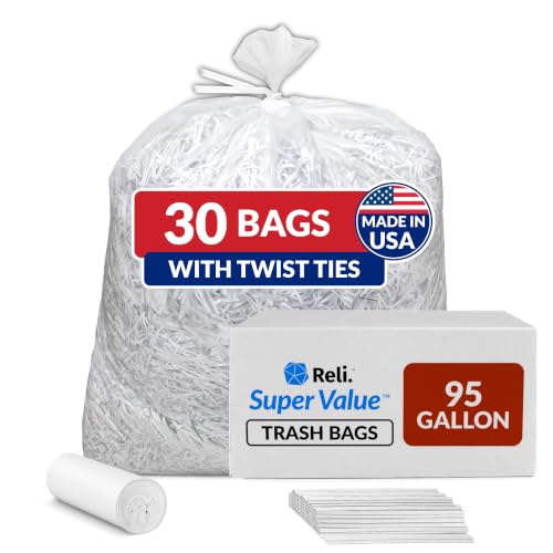 Heavy Duty 95 Gallon Trash Bags with Twist Ties - Made in USA