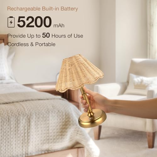11-Inch Gold Mini Cordless Rattan Table Lamp with 5200mAh Battery - Dimmable Bedside & Dining Light