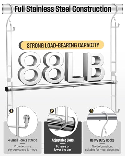 Stainless Steel Hanging Closet Rod with Side Hooks - Adjustable 29 Inch, 2 Pack