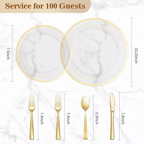 Clear Gold Plastic Dinnerware Set for 100 Guests - Disposable Plates, Cutlery & Spoons