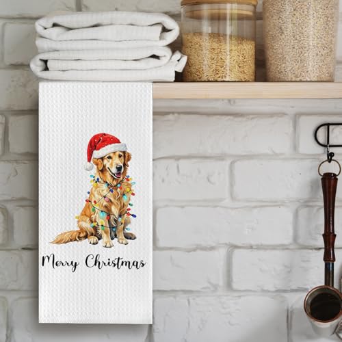 Golden Merry Christmas Dog Kitchen Towels (Cilrii) 16x24 – Gifts for Golden Retriever Lovers