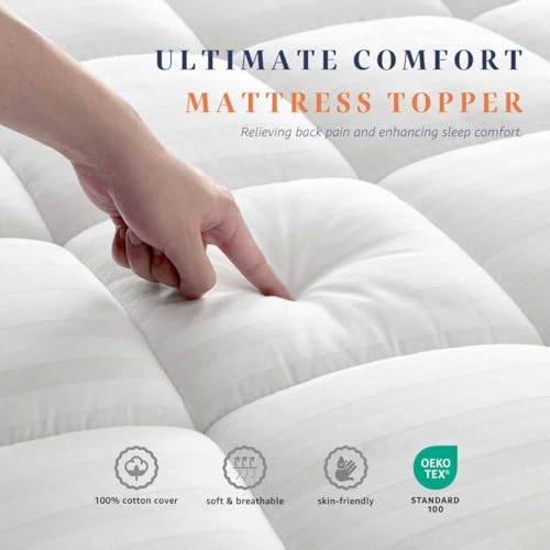 White King Size Breathable Cotton Mattress Topper with Deep Elastic Pocket & Plush Filling