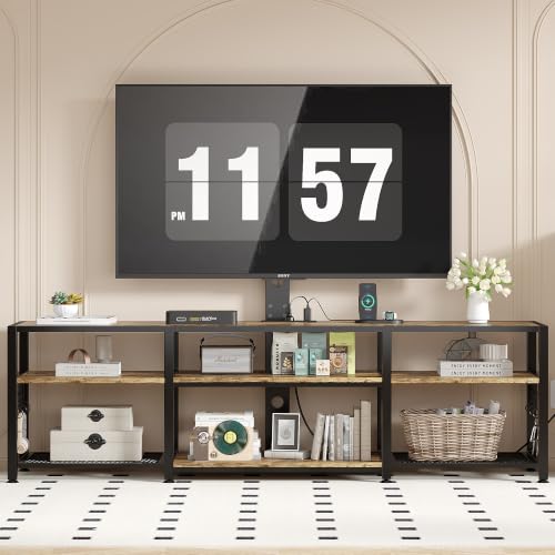 VECELO 63-inch TV Stand with Mount, Power Outlets & Open Shelves, Rustic Wood & Metal Frame