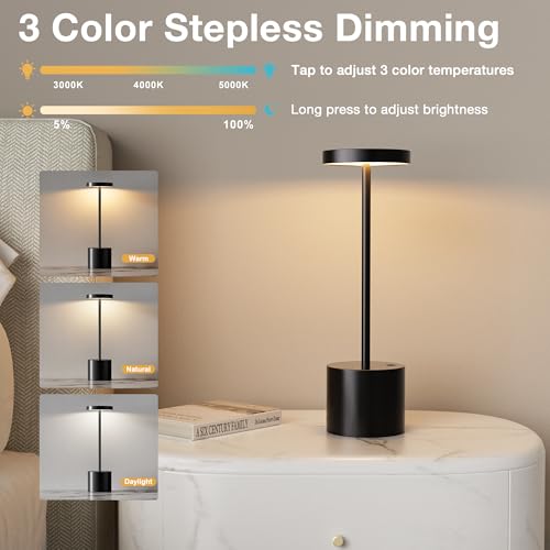 Black Cordless Rechargeable Table Lamp Set of 2 - 4000mAh Battery, Touch Dimmable, Portable LED Lighting