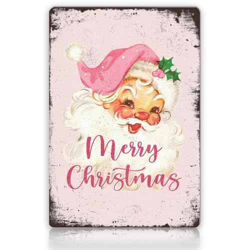 KEUSPI Vintage Christmas Pink Santa Metal Tin Sign,Vintage Santa Wall Art Decor,Pink Christmas Wall Decor,Santa Claus Pictures for Wall 8x10 Inch