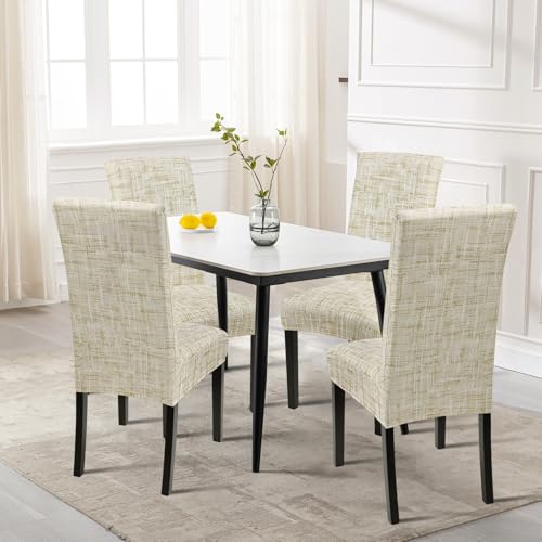 SearchI Flaxen Print Dining Chair Covers Set of 6 – Stretchable, Washable Parsons Slipcovers for Kitchen & Dining Chairs
