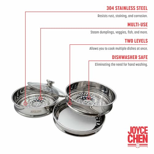 Joyce Chen 10-Inch Stainless Steel Two-Tier Steamer with Glass Lid & Wok Adapter Ring