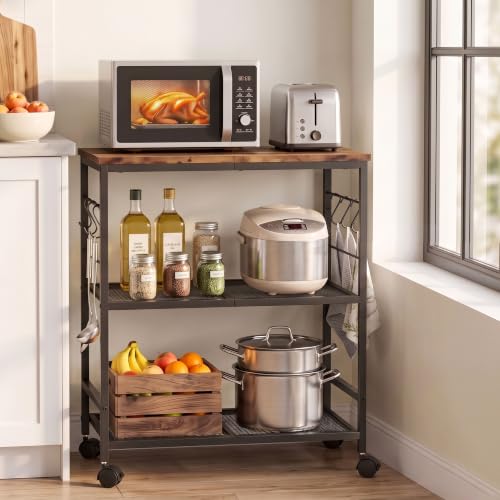 3-Tier Rolling Kitchen Cart with Storage and Lockable Wheels - Rustic Brown