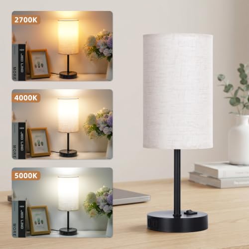 ZJOJO Set of 2 Bedside Table Lamps with Flaxen Fabric Shade & Black Base, 13.8 Inch Nightstand Lamps for Bedroom