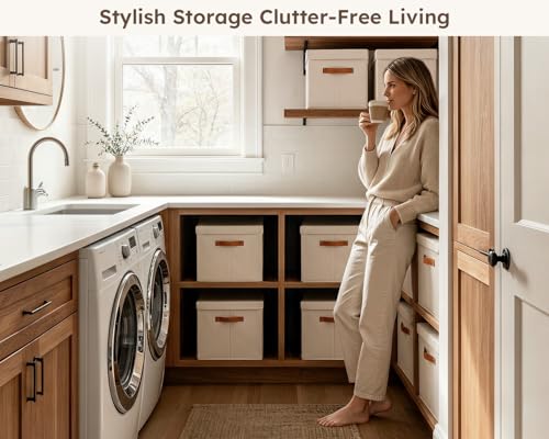 Fabric Storage Bins with Lids - 6 Pack Foldable Stackable Organizers for Home, Nursery, Dorm - Beige