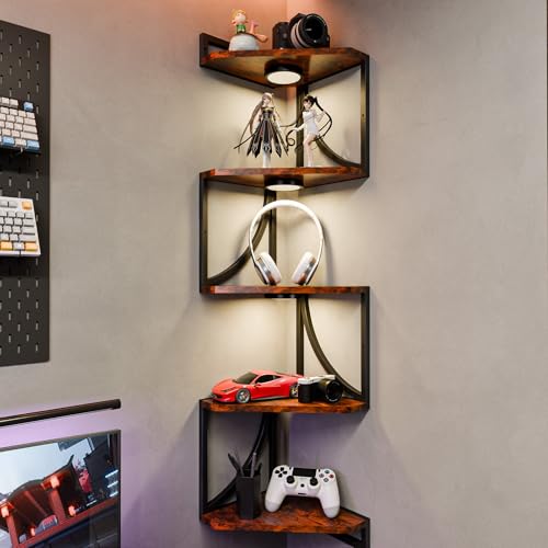 HAAYOT Curved Frame Corner Shelf Wall Mounted with Lights - 5-Tier Floating Metal Shelves, Rustic Brown
