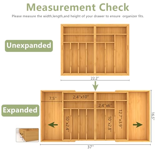 Extra Large Bamboo Silverware Drawer Organizer - Expandable 22-37 inches Natural / XXXXL