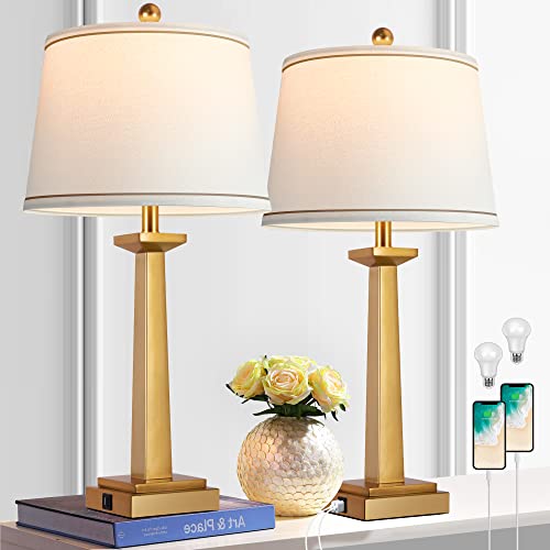 Gold 29-Inch Modern Table Lamps Set of 2 with USB Charging & 3-Color Temp