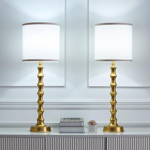 White 28.75-inch Buffet Table Lamps Set of 2 with Gold Bamboo-Inspired Base