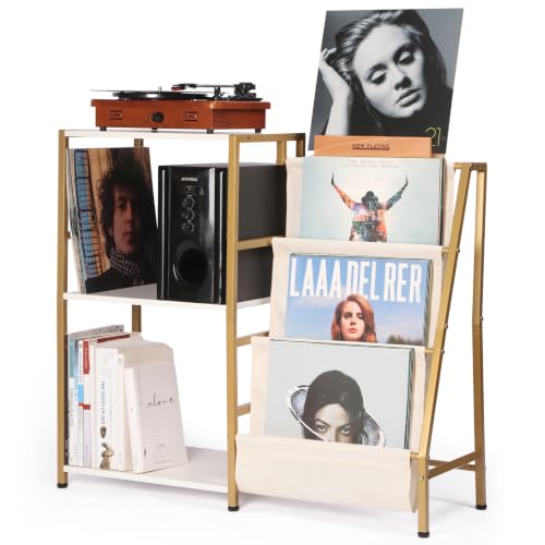 Gold and White Vinyl Record Storage Stand with Turntable Shelf and Now Playing Holder