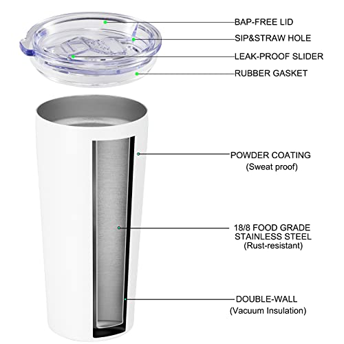 VEGOND 20oz White Stainless Steel Insulated Travel Mug Bulk Pack of 12