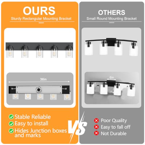 IZORRO 36 Inch Black 5-Light Bathroom Vanity Light Fixture with Clear Glass Shades - Modern Farmhouse Style, Dimmable, Over Mirror