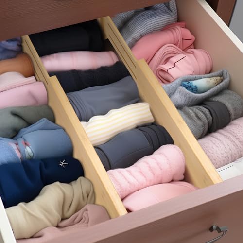 Fabsome Bamboo Drawer Dividers 6 Pack for 17-22 Inch Deep Drawers – Adjustable Baby & Clothing Organizer