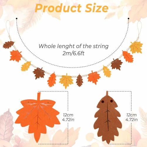 Fall Decor, Fall Felt Garland for Mantel, Autumn Maple Leaf Felt Wooden Bead Garland Decorations for Home Indoor, Farmhouse Leaves Banner, Fall Hanging Ornaments