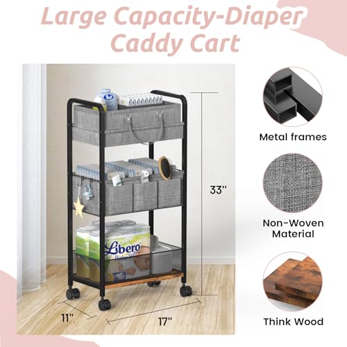 LIDTOP 2-in-1 Baby Diaper Caddy & 3-Tier Rolling Organizer Cart - Black