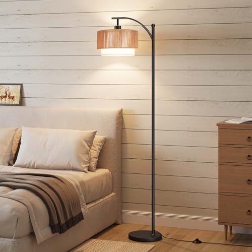 SUNMORY Arc Floor Lamp with Rattan Shade & 12W LED Bulb - Black / Rattan