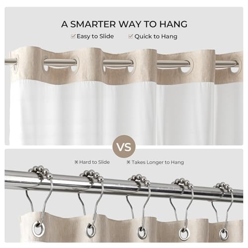 River Dream Linen Textured Shower Curtain with Liner 71x74 Inches, No Hooks, Mesh Top Window Variation