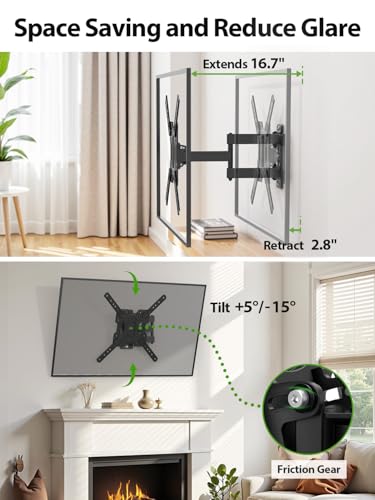 Full Motion TV Wall Mount for 26-65 Inch LED TVs - Swivel Tilt Articulating Bracket, VESA 400x400mm, Up to 77lbs, Space-Saving Design, Easy Install
