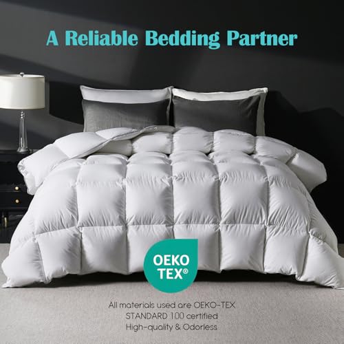 King Size Goose Feather Down Comforter - White, Luxurious Hotel-Grade Bedding