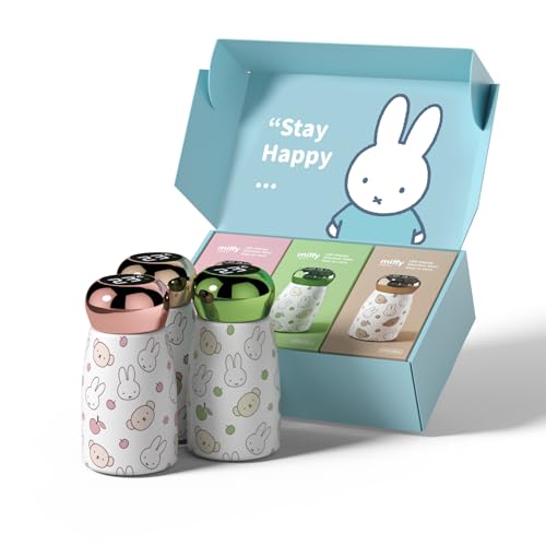 Miffy x MIPOW 3-Pack LED Temperature Display Thermal Flask 8oz – Insulated Stainless Steel Water Bottles for Travel, Office & Gym, Brown Pink Green