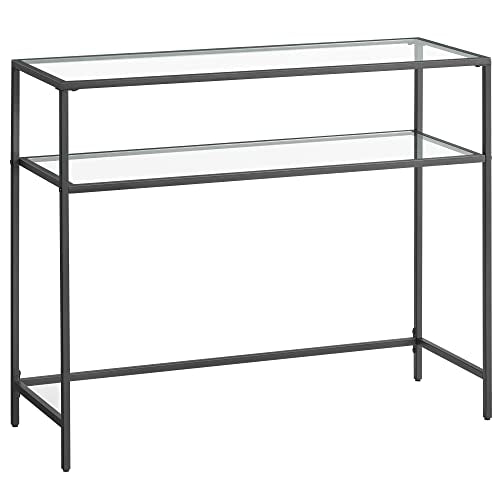 Black 39.4 Inch Console Sofa Table with Tempered Glass Shelves - Glam Style