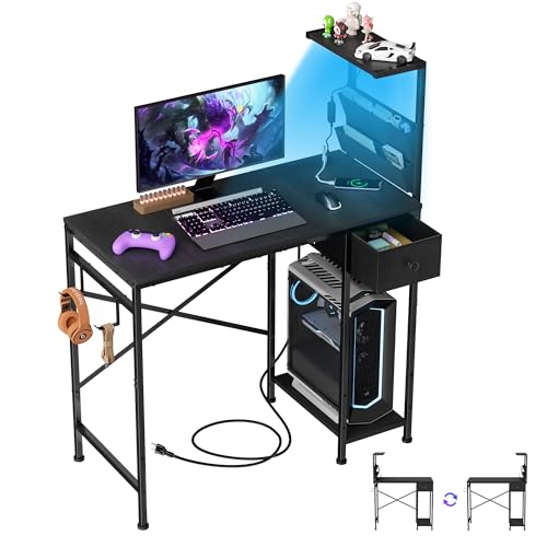 Jakyitvi Black 33.7 Inch Compact Gaming & Home Office Desk with LED Lights & Power Outlets