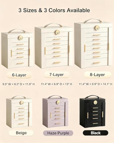 Large 7-Layer Jewelry Box Organizer with 6 Drawers - Beige, 11.4" W