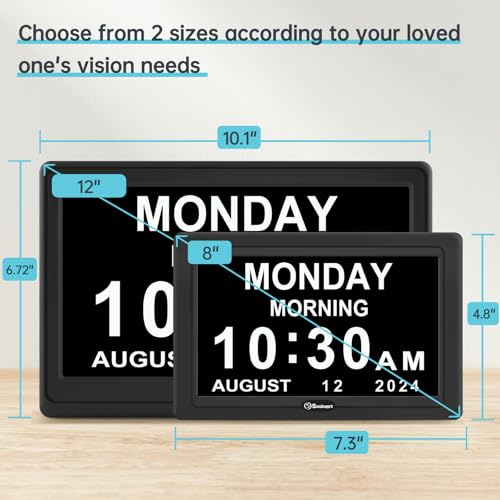 12” Black Digital Dementia Clock for Seniors with 20 Alarms & Auto Dimming