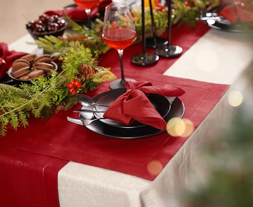 Red 100% Linen Table Runner 14 x 36 Inches with Hemstitch - Home Ekaa