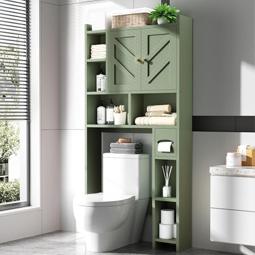 Meilocar Green Over The Toilet Storage Cabinet 64.6" Tall Bathroom Organizer with Adjustable Shelf & Toilet Paper Holder