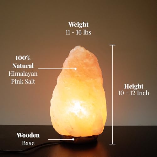 Extra Large Himalayan Pink Salt Lamp - 10-12 Inch Tall, 11-15 lbs, Hand-Carved Crystal Rock with Wooden Base, Dimmable Cord & Bulb Included