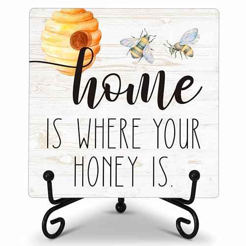 Honey Bee Decor Desk Sign, Home is Where Your Honey is Wood Sign, Wooden Plaque Sign With Iron Stand, Honey Bee Gifts for Bee Lovers, Bee Decorations for Farmhouse Home, Bee Kitchen Decor -80