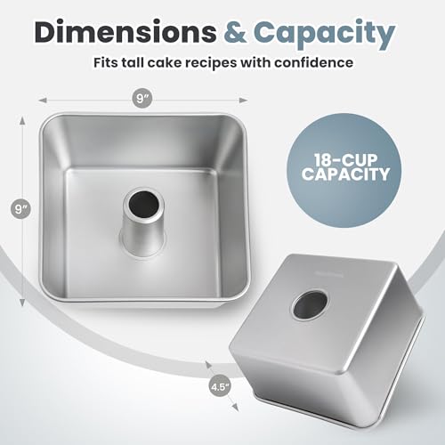 Silver One-Piece Square Tube Cake Pan - 18 Cup, Anodized Aluminum, 9x9x4.5 in, Seamless Design
