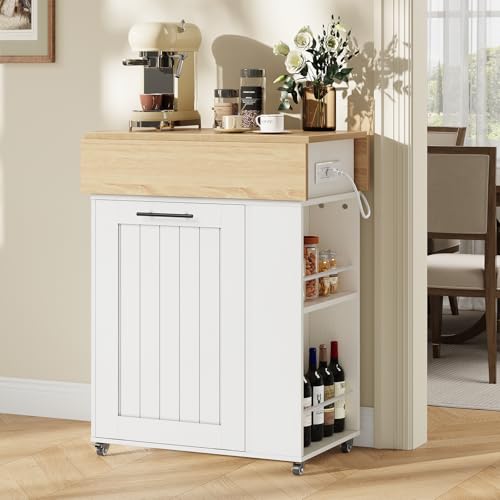 HOOBRO Kitchen Island with Trash Can Storage & Power Outlets, Rolling Drop Leaf Cart, White & Natural