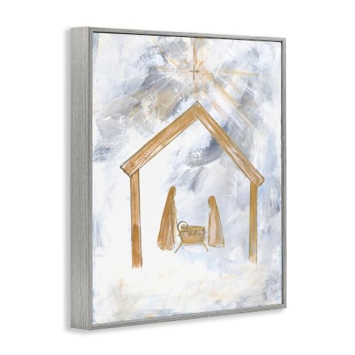 Nativity Baby in Manger Christmas Scene Sky Cross Framed Wall Art 16x20 - Blue - Robin Maria Gray Design - Faith Holiday Decor