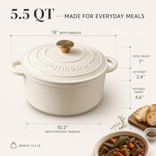 Enameled Cast Iron Dutch Oven 5.5QT for Sourdough Bread - Cream White