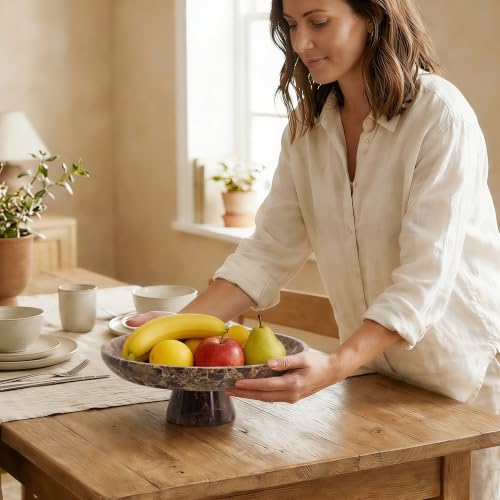 Brown Natural Marble Fruit Bowl with Pedestal – Elegant Kitchen & Dining Decor